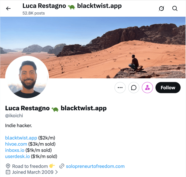 X profile with live stats in bio