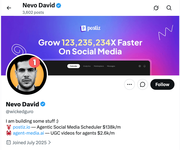 X profile with live stats in bio