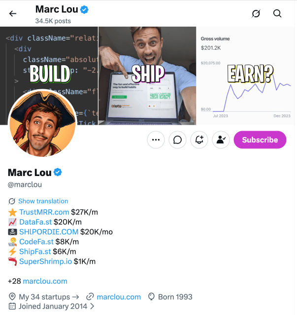 X profile with live stats in bio