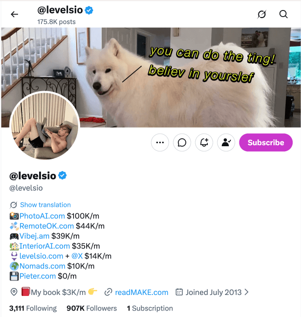 X profile with live stats in bio