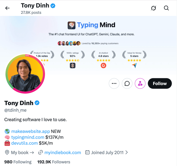 X profile with live stats in bio